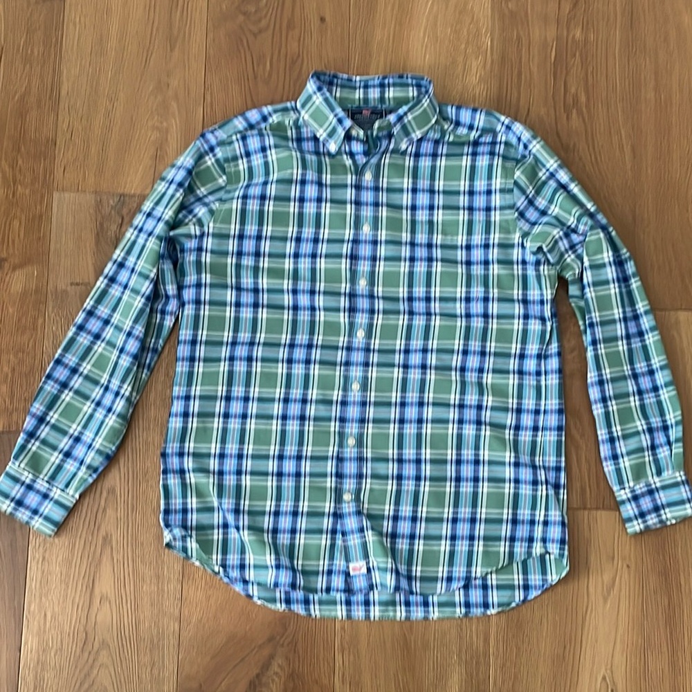 Vineyard Vines L Men's Blue and Green Plaid Slim Fit Murray Shirt.